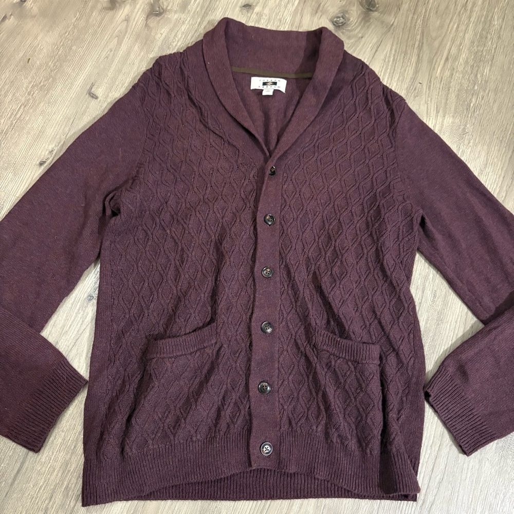 Joseph‎ Abboud Cable Knit Cardigan Sz M Grandpa Fisherman Shawl Collar Burgundy